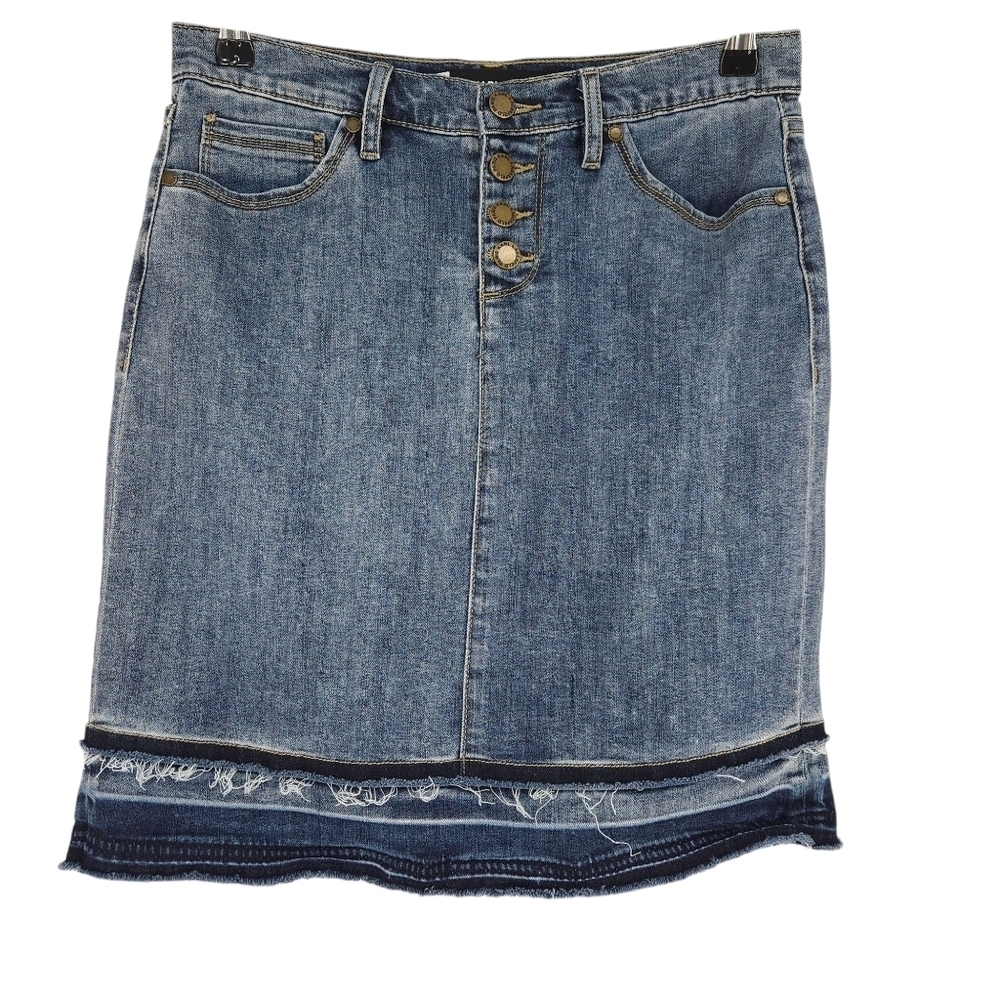 Karl Lagerfeld Straight Pencil Denim Skirt Medium Wash Button Fly Raw Hem 4